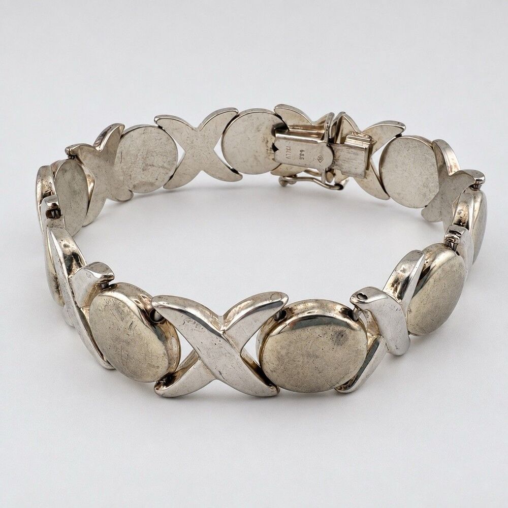 Vintage Italy 925 Sterling Silver XOXO Wide Link Bracelet 24.5g sz7.5” Box Clasp